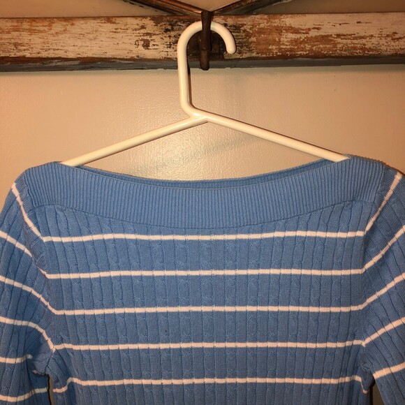 LAUREN RALPH LAUREN SMALL LIGHT BLUE WHITE STRIPE BOAT NECK COTTON SWEATER - Picture 4 of 6